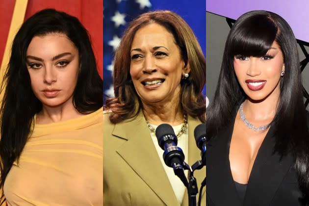 Charli XCX, Kamala Harris, Cardi B - Credit: Jon Kopaloff/Getty Images for Vanity Fair; Drew Hallowell/Getty Images; Arnold Turner/Getty Images for Jason Lee/Hollywood Unlocked Impact Awards