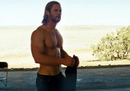 <p>When the God of Thunder (played by Aussie Hemsworth) was banished to Earth in 'Thor', he needed a change of costume from Asgardian garb to American Jeans and T-shirt…cue this memorable shirtless scene. <br><br><a rel="nofollow" href="http://au.movies.yahoo.com/on-show/article/-/19601657/why-chris-hemsworth-didnt-love-going-toplessmatthemmconeheyfor-thor/" data-ylk="slk:READ: Why Hemsworth didn't love going topless for 'Thor';elm:context_link;itc:0;sec:content-canvas" class="link ">READ: Why Hemsworth didn't love going topless for 'Thor'</a></p>
