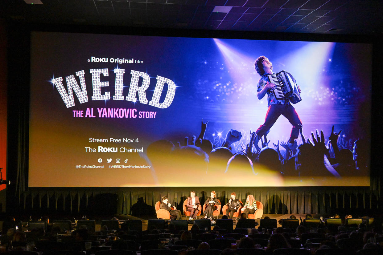 BROOKLYN, NEW YORK - NOVEMBER 01: (L-R) Dr. Demento, Eric Appel, Evan Rachel Wood, Daniel Radcliffe and Weird Al Yankovic speak during the US Premiere Of Weird: The Al Yankovic Story at Alamo Drafthouse Cinema Brooklyn on November 01, 2022 in Brooklyn, New York. (Photo by Slaven Vlasic/Getty Images for The Roku Channel)