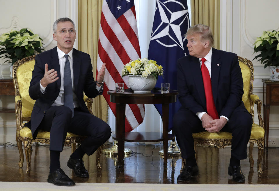 U.S. President Donald Trump meets NATO Secretary General, Jens Stoltenberg at Winfield House in London, Tuesday, Dec. 3, 2019. US President Donald Trump will join other NATO heads of state at Buckingham Palace in London on Tuesday to mark the NATO Alliance's 70th birthday. (AP Photo/Evan Vucci)