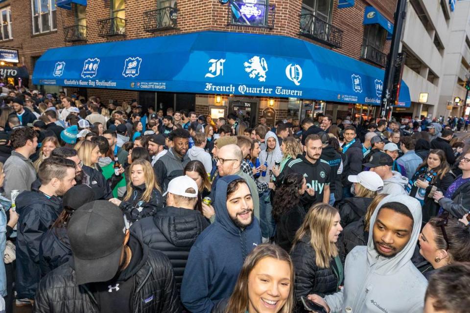 Fans gather at Brevard Court before a Charlotte FC match on Saturday, Feb. 25.