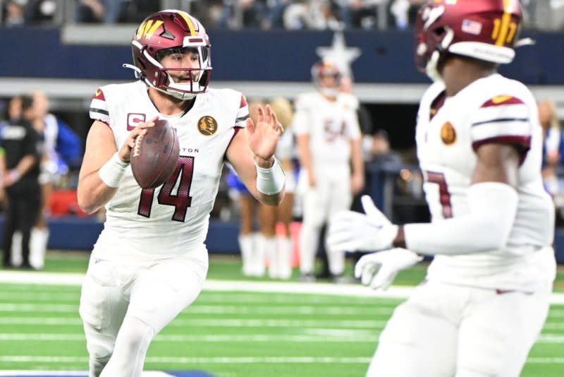 Washington Commanders quarterback Sam Howell can be plugged in as a low-end QB1 for the first round of the fantasy football playoffs. File Photo by Ian Halperin/UPI