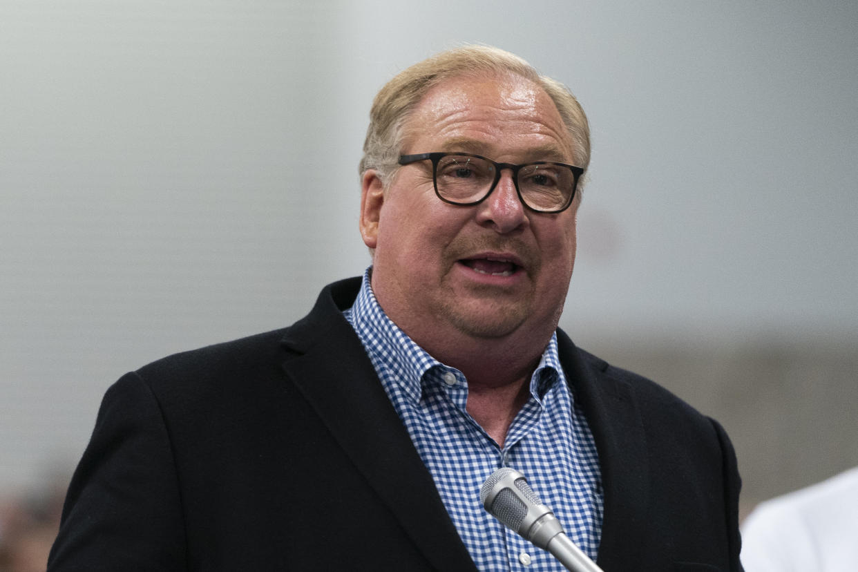 FILE - Pastor Rick Warren speaks during the Southern Baptist Convention's annual meeting in Anaheim, Calif., Tuesday, June 14, 2022. On Tuesday, Feb. 21, 2023, the Southern Baptist Convention ousted its second-largest congregation — Saddleback Church, the renowned California megachurch founded by Warren — for having a woman pastor. (AP Photo/Jae C. Hong, File)