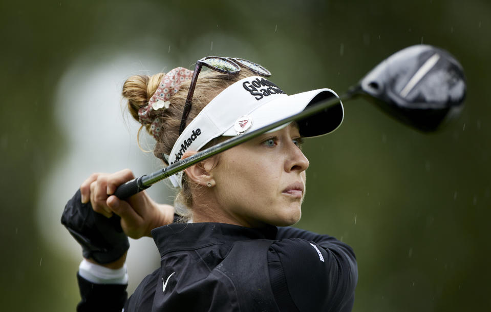 Nelly Korda tees off on the 17th hole during the first round of the LPGA Portland Classic golf tournament in Portland, Ore., Thursday, Aug. 31, 2023. (AP Photo/Craig Mitchelldyer)