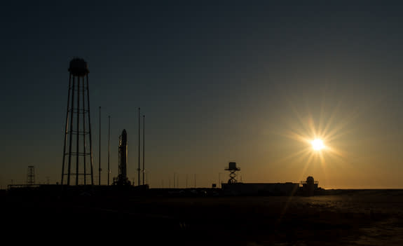 Orbital Sciences Corp.'s first Antares rocket is seen during sunrise on the Mid-Atlantic Regional Spaceport (MARS) Pad-0A at the NASA Wallops Flight Facility in Virginia, Sunday, April 21, 2013. Liftoff is set for 5 p.m. ET.