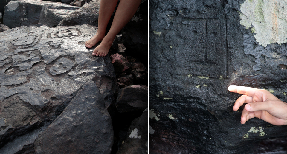 Two images of the rock art which has been uncovered along the Amazon.