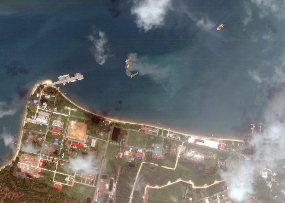 This satellite image from Planet Labs PBC shows a Cambodian naval base in Ream, Cambodia, April 25, 2022. Cambodian officials broke ground Wednesday, June 8, 2022, on a naval port expansion project in Ream, dismissing American concerns it could provide Beijing with a strategically important outpost on the Gulf of Thailand. (AP Photo/Heng Sinith, File)