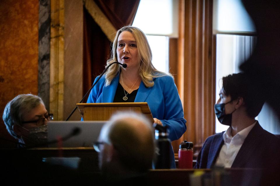 House Minority Leader Rep. Jennifer Konfrst, D-Windsor Heights, gives a speech on the first day of the 2022 legislative session, Monday, Jan. 10, 2022, at the State Capitol, in Des Moines. 