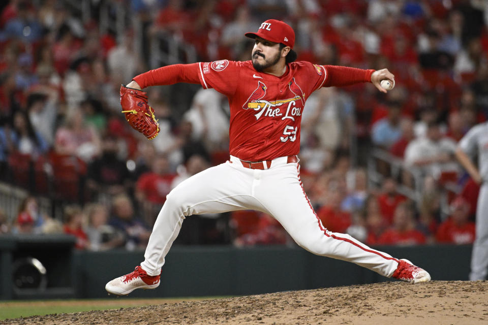 St. Louis Cardinals relief pitcher JoJo Romero throws in the eighth inning of a baseball game against the Cincinnati Reds, Friday, June 28, 2024, in St. Louis. (AP Photo/Joe Puetz)