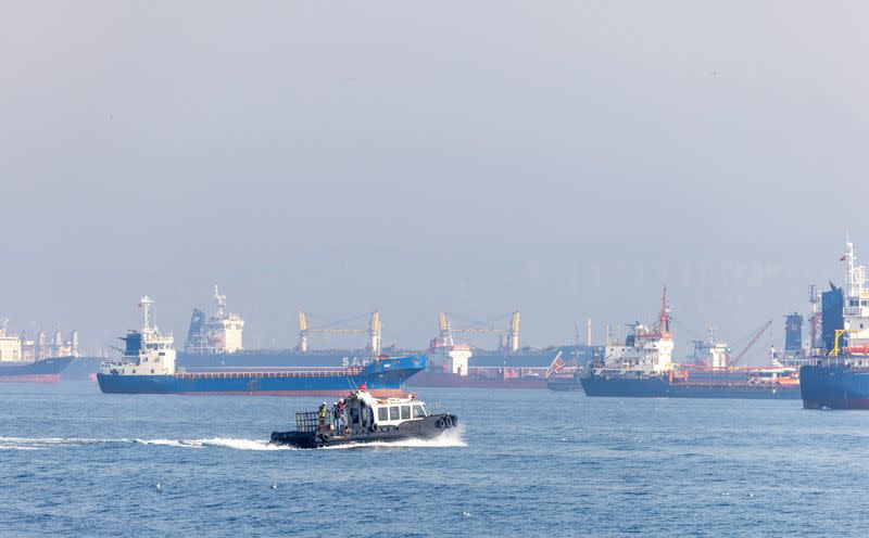 FILE PHOTO: Commercial vessels including vessels which are part of Black Sea grain deal wait to pass the Bosphorus strait off the shores of Yenikapi in Istanbul