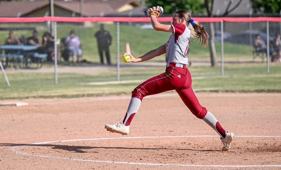 Tulare Union's Mason Hatton pitches against Tulare Western in a West Yosemite League high school softball game on Wednesday, April 26, 2023. 