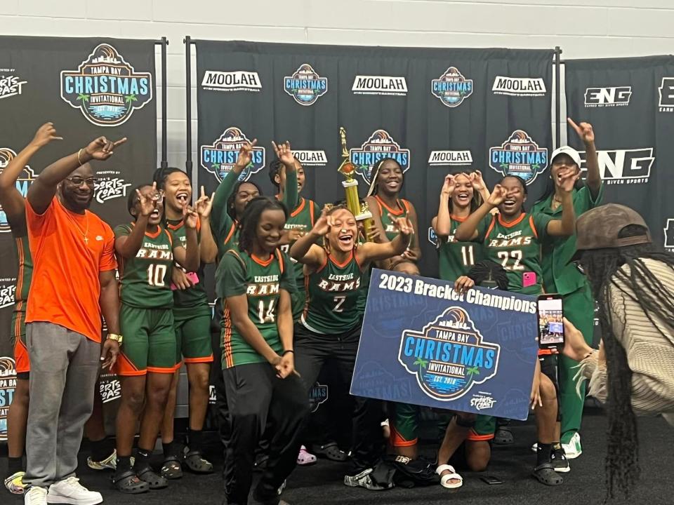 The Eastside High School girls basketball team, off to its best start in recent memory, is photoed after winning their bracket in the Tampa Bay Christmas Invitational in December.
(Credit: Special to The Sun)