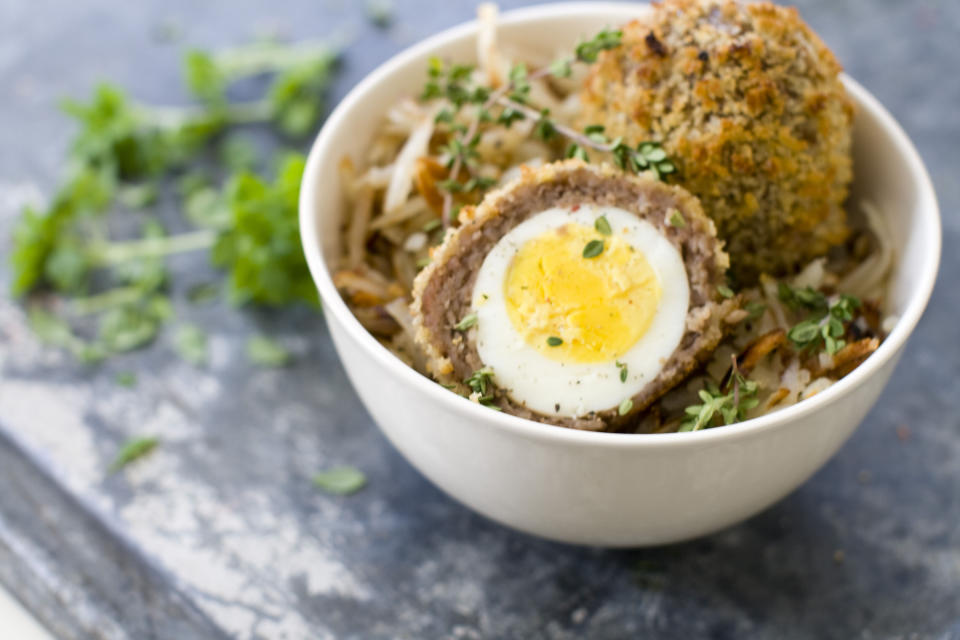 This March 17, 2014 photo shows baked Scotch eggs in Concord, N.H. (AP Photo/Matthew Mead)