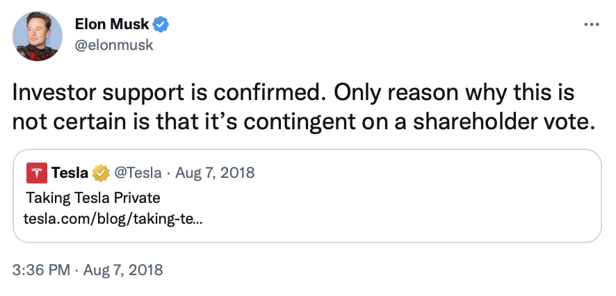 Tweet posted to Elon Musk&#39;s twitter account August 7, 2018