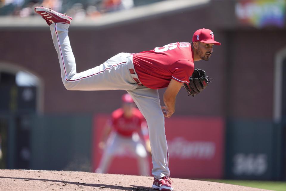 Philadelphia Phillies starting pitcher Zach Eflin works against the Philadelphia Phillies during the first inning of a baseball game Sunday, June 20, 2021, in San Francisco. (AP Photo/Tony Avelar)