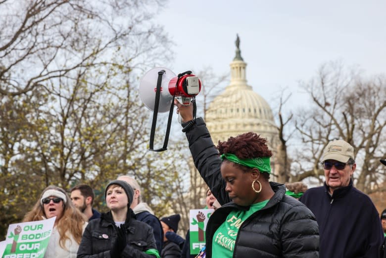 Tamika Middleton, managing director of Women’s March, leads protesters during the “Bans Off Our Mifepristone” demonstration outside the U.S. Supreme Court in March. (Jemal Countess/Getty Images for Women’s March)