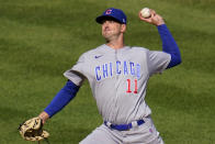 Chicago Cubs starting pitcher Drew Smyly delivers during the second inning of the team's baseball game against the Pittsburgh Pirates in Pittsburgh, Tuesday, April 12, 2022. (AP Photo/Gene J. Puskar)