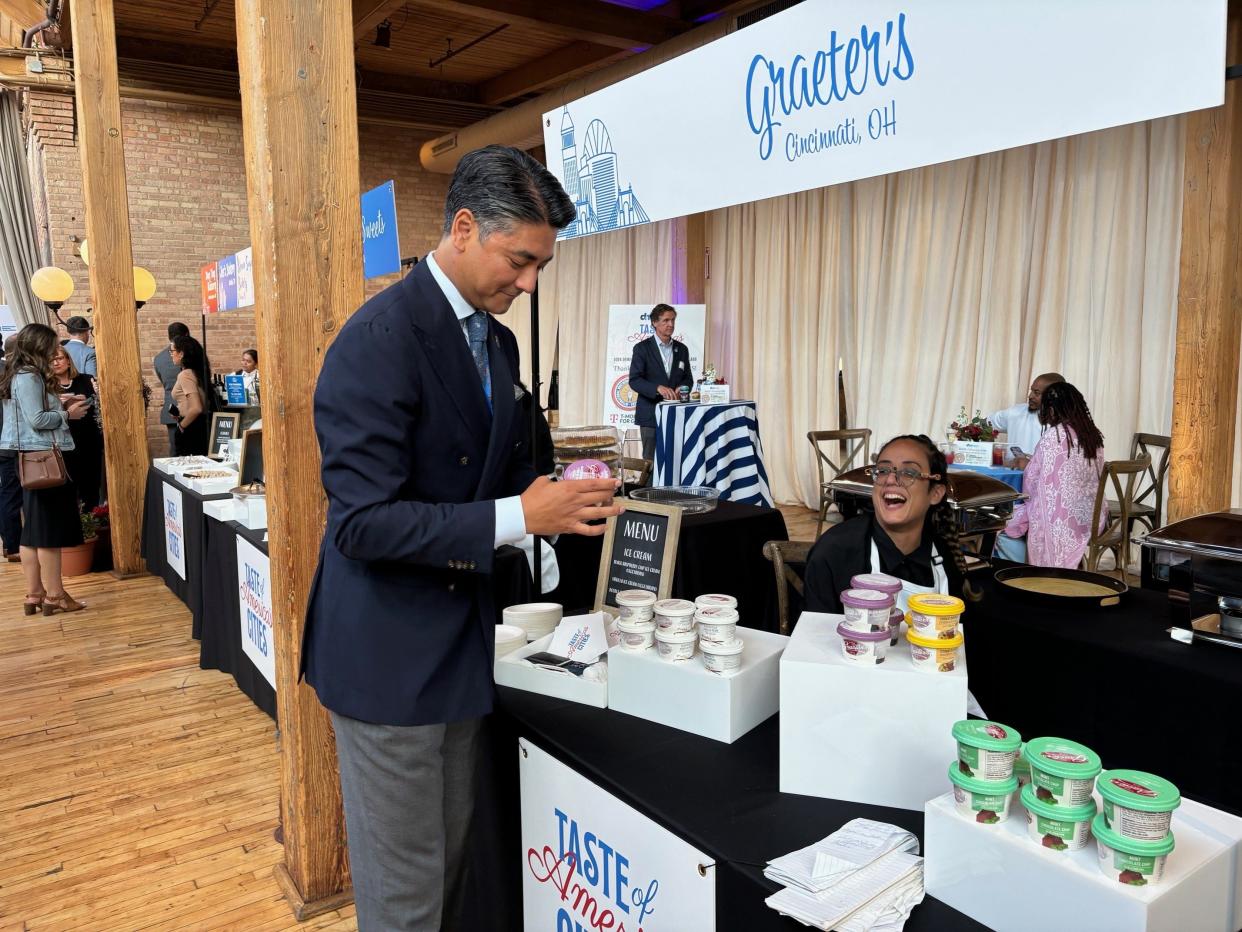 Cincinnati Mayor Aftab Pureval brought Graeter's ice cream and Rhinegeist beer to the DNC Monday at the Taste of American Cities event hosted by the Democratic Mayor's Association. Politicians have learned over the years while Skyline Chili is synonymous with Cincinnati cuisine it is too messy to bring to away events.