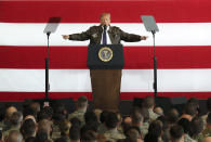 <p>President Donald Trump delivers a speech for the U.S. troops at the U.S. Yokota Air Base, on the outskirts of Tokyo, Sunday, Nov. 5, 2017. (Photo: Eugene Hoshiko/AP) </p>