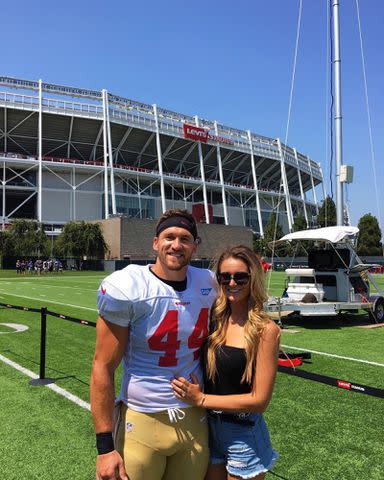 <p>Kristin Juszczyk Instagram</p> Kyle Juszczyk and Kristin Juszczyk outside Levi's Stadium where the San Francisco 49ers play in September 2018.