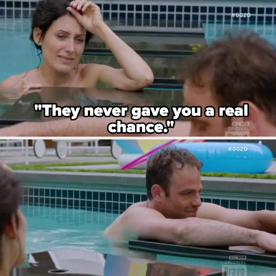 A woman and man are conversing in a pool; the woman appears contemplative. Text: "They never gave you a real chance."