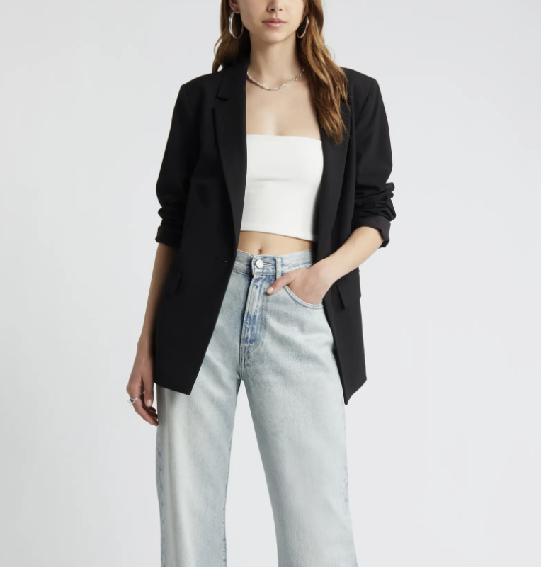 someone wearing the Open Edit Relaxed Fit Blazer from Nordstrom 