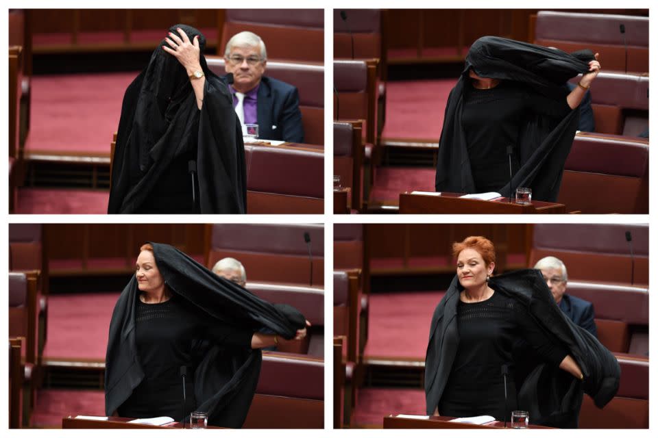 Senator Hanson caused an outcry when she wore a burqa in parliament today. Photo: AAP