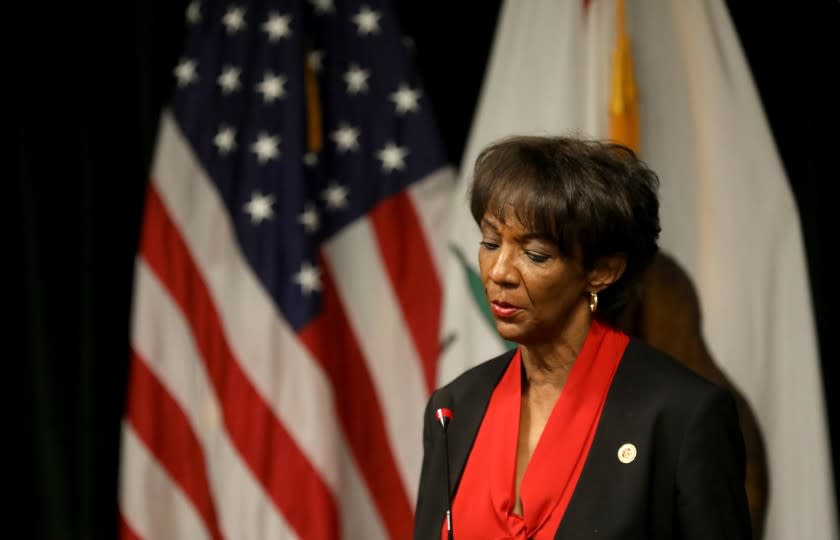 LOS ANGELES, CA - OCTOBER 06, 2020 - Los Angeles District Attorney Jackie Lacey addresses the media regarding the case of Derrick Harris after his wrongful conviction was overturned at the Hall of Justice in downtown Los Angeles on October 6, 2020. Harris was wrongly convicted of armed robbery in 2013 at age 22. Harris was charged and convicted with a co-defendant. Over the next few years, the co-defendant and another individual admitted they, not Derrick Harris, had actually committed the crime. The California Innocence Project helped Harris with his case. Harris grandmother, mother, son and other family members were on hand for his release. (Genaro Molina / Los Angeles Times)