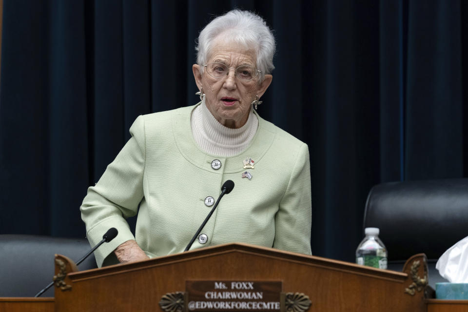 FILE - House Education and the Workforce Committee Chair Rep. Virginia Foxx R-N.C., speaks on Capitol Hill in Washington, April 17, 2024. The rights of LGBTQ+ students will be protected by federal law and victims of campus sexual assault will gain new safeguards under rules finalized Friday, April19, 2024, by the Biden administration. Foxx said the new regulation threatens decades of advancement for women and girls. (AP Photo/Jose Luis Magana, File)