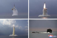 This combination of four photos provided by the North Korean government shows a ballistic missile launched from a submarine Tuesday, Oct. 19, 2021, in North Korea. North Korea announced Wednesday, Oct. 20, 2021 that it had tested a newly developed missile designed to be launched from a submarine, the first such weapons test in two years and one it says will bolster its military’s underwater operational capability. Independent journalists were not given access to cover the event depicted in this image distributed by the North Korean government. The content of this image is as provided and cannot be independently verified. Korean language watermark on image as provided by source reads: "KCNA" which is the abbreviation for Korean Central News Agency. (Korean Central News Agency/Korea News Service via AP)