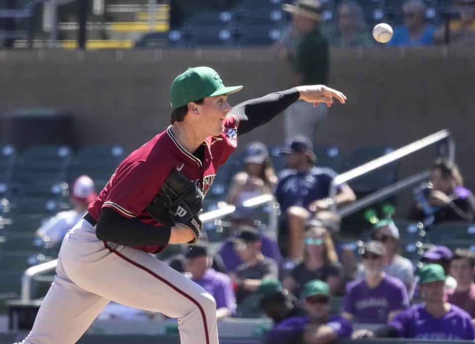 Mar 17, 2022; Scottsdale, AZ, U.S.;  Diamondbacks left-handed pitcher Tommy Henry throws during the Diamondbacks' first spring training game of 2022 against the Rockies at Salt River Fields.