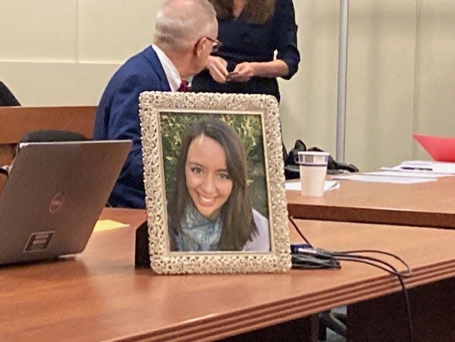 A photo of Carolyn Byington of Plainsboro on the desk of the assistant prosecutors prior to the sentencing of her co-worker Kenneth Saal who pleaded guilty to killing her in her home in 2019.