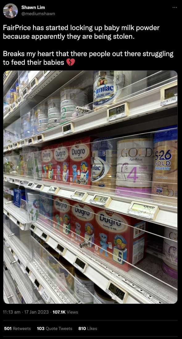 Twitter user Shawn Lim tweeted a viral photo of a locked display of infant formula on 17 January 2023.