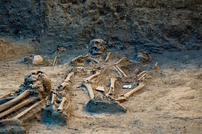 A view shows human remains discovered by archaeologists from INAH in Chapultepec park