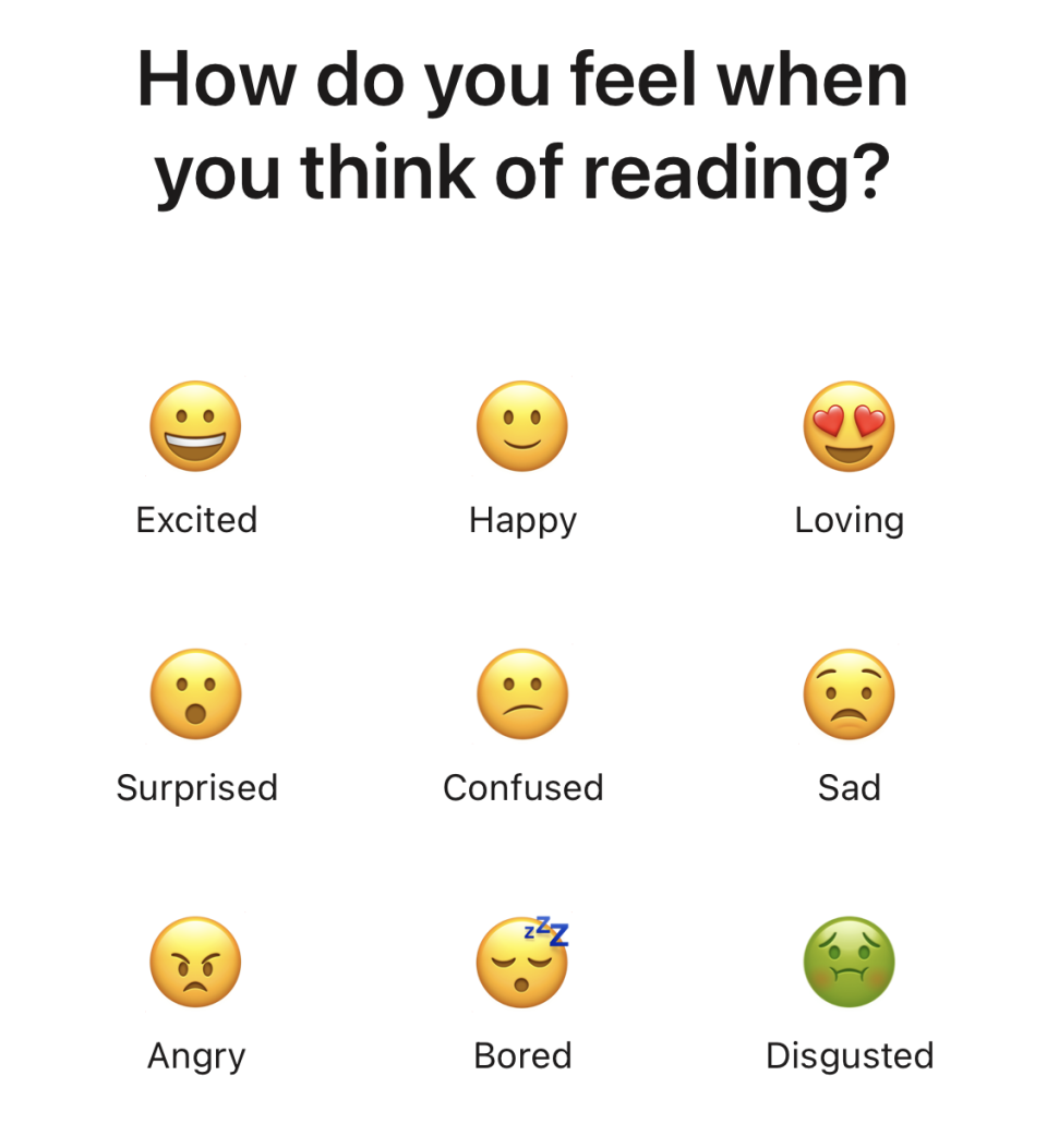 how do you feel when you think of reading, with a bunch of emoticons as options