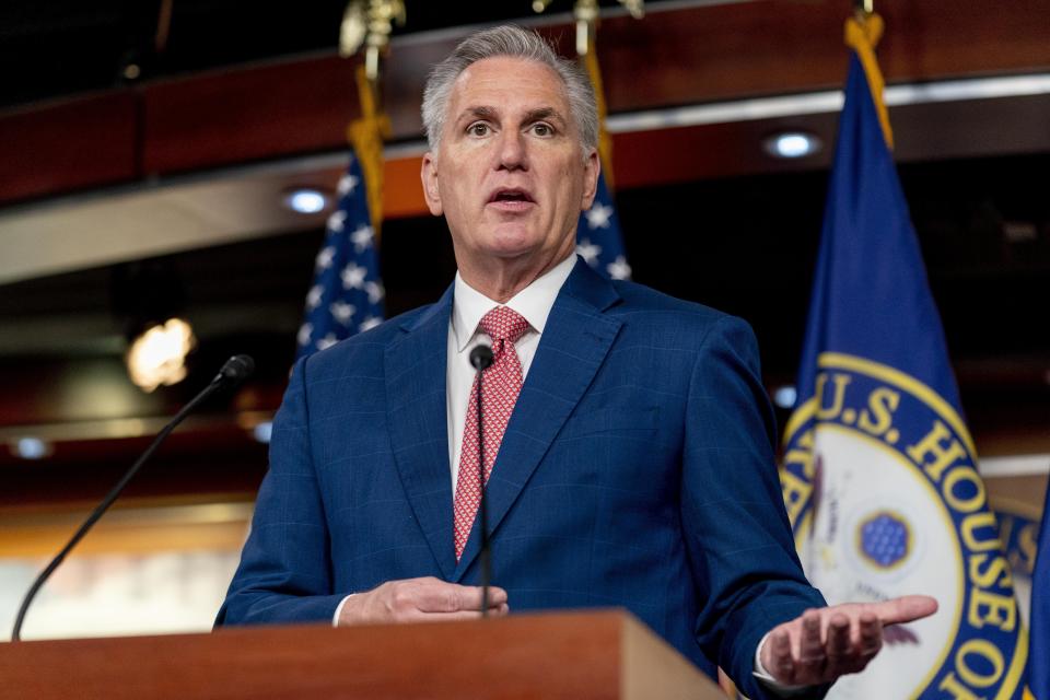 FILE - House Minority Leader Kevin McCarthy of Calif. speaks at a news conference on Capitol Hill in Washington, July 29, 2022. (AP Photo/Andrew Harnik, File)