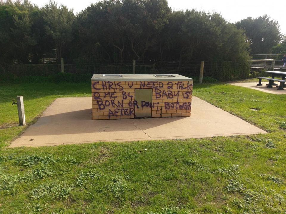 The entire front of a barbecue has been graffitied with the purple message. 