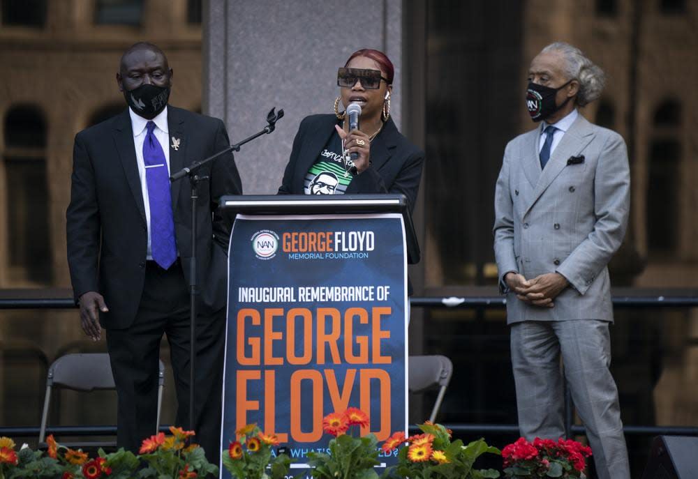 George Floyd’s sister, Bridgett Floyd, addresses a rally in downtown Minneapolis, Sunday, May 23, 2021. (Jeff Wheeler/Star Tribune via AP)