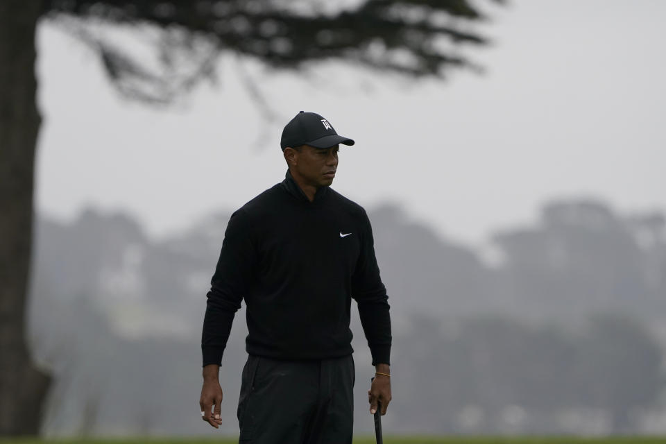 Tiger Woods walks on the 16th hold during a practice round for the PGA Championship golf tournament at TPC Harding Park Wednesday, Aug. 5, 2020, in San Francisco.(AP Photo/Charlie Riedel)