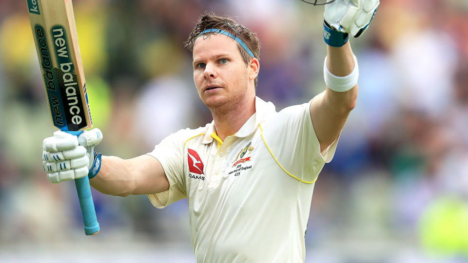 Steve Smith celebrates his amazing century on day one of the Ashes. (Photo by Mike Egerton/PA Images via Getty Images)