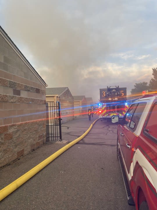 Multiple units at a commercial storage facility near Centennial were damaged in a two-alarm fire Sunday. (Arapahoe County Sheriff’s Office)