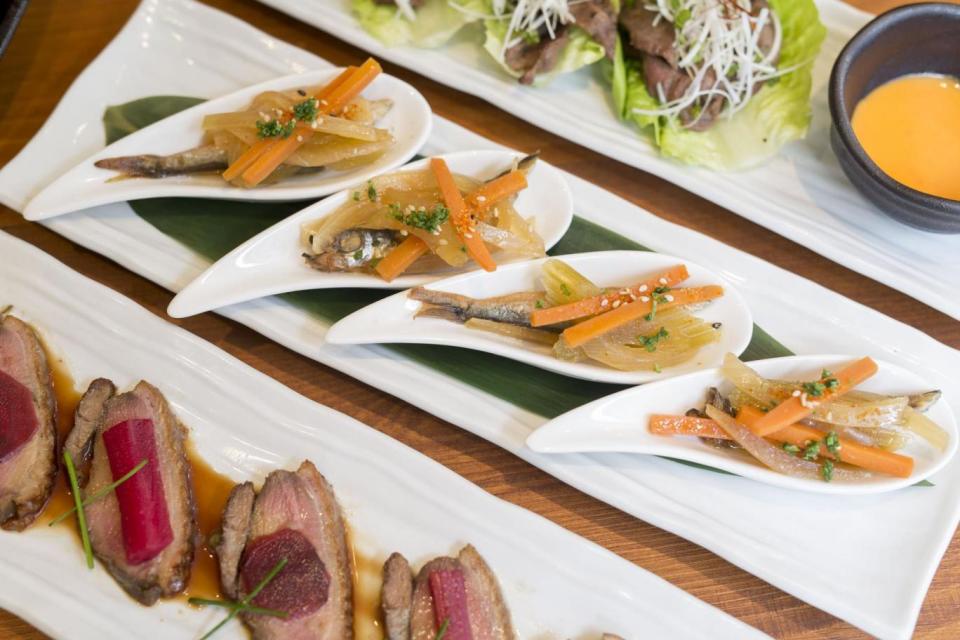 Fine selection: capelin yuzu nanban with ox tongue tacos, and duck and pickles (Vicki Couchman)