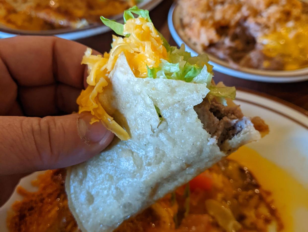 A taco from Mitla Cafe, the San Bernardino, California restaurant that inspired Taco Bell.