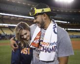 <p>Daniella Rodriguez, former Miss Texas, and Houston Astros’ Carlos Correa celebrate after Game 7 of baseball’s World Series Wednesday, Nov. 1, 2017, in Los Angeles. The Astros won 5-1 to win the series 4-3. Correa proposed to Rodriguez after the game. (AP Photo/Jae C. Hong) </p>