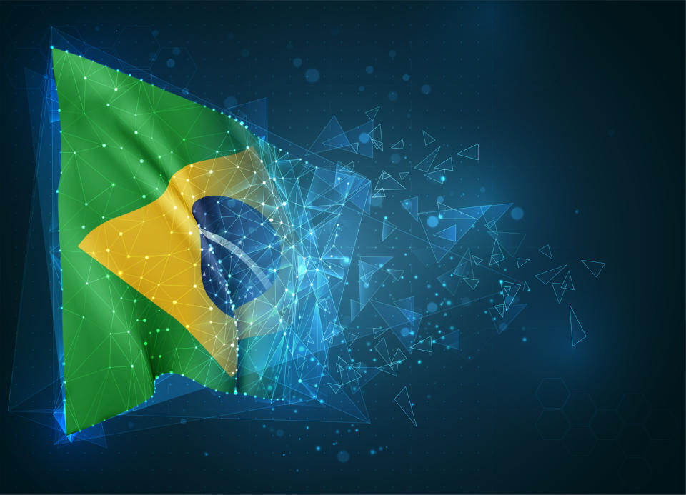 Brazil, vector flag, virtual abstract 3D object from triangular polygons on a blue background