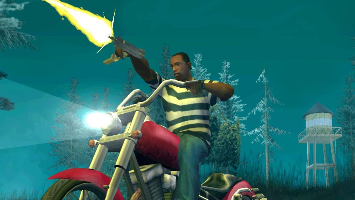  Carl Johnson rides a motorcycle and fires a submachine gun into the night in GTA: San Andreas. 
