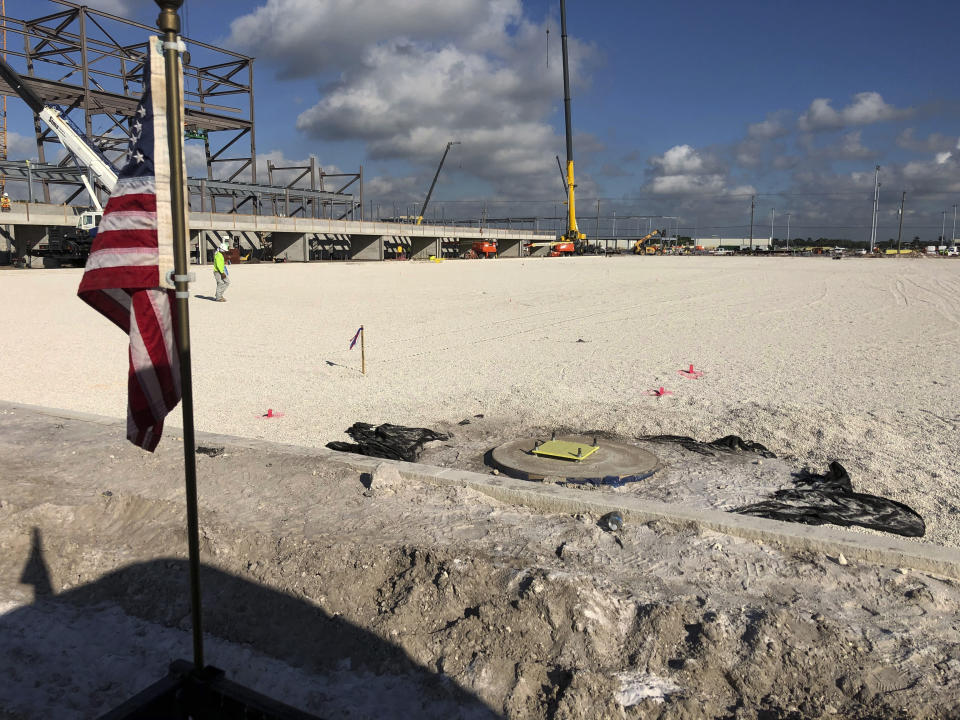 This Monday, Oct. 21, 2019, photo shows the graded dirt surface where sod will be placed in November inside what will be the stadium for David Beckham’s Inter Miami MLS soccer team that opens its inaugural season in 2020 at the site of the former Lockhart Stadium in Fort Lauderdale, Fla. (AP Photo/Tim Reynolds)