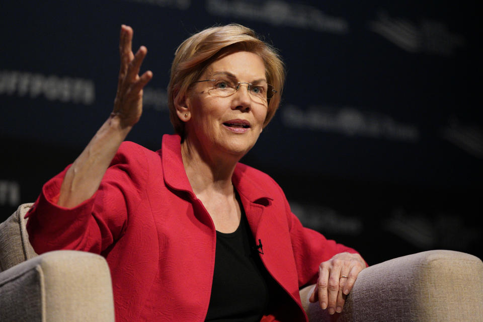 Democratic presidential candidate Sen. Elizabeth Warren, D-Mass., speaks at the Heartland Forum held on the campus of Buena Vista University in Storm Lake, Iowa, Saturday, March 30, 2019. (AP Photo/Nati Harnik)