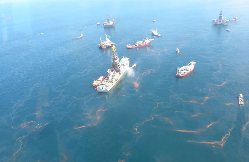 The scene in the Gulf of Mexico shortly after the BP oil spill caused by the Deepwater Horizon rig explosion in 2010.