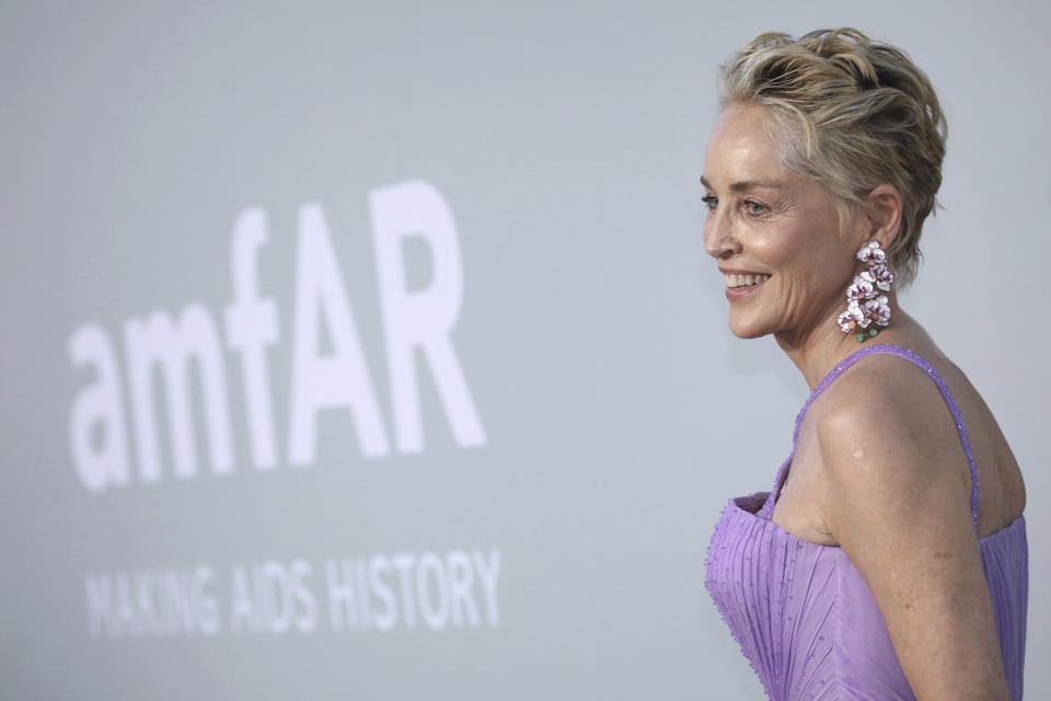 Sharon Stone poses for photographers upon arrival at the amfAR Cinema Against AIDS benefit the during the 74th Cannes international film festival, Cap d'Antibes, southern France, Friday, July 16, 2021. (Photo by Vianney Le Caer/Invision/AP)